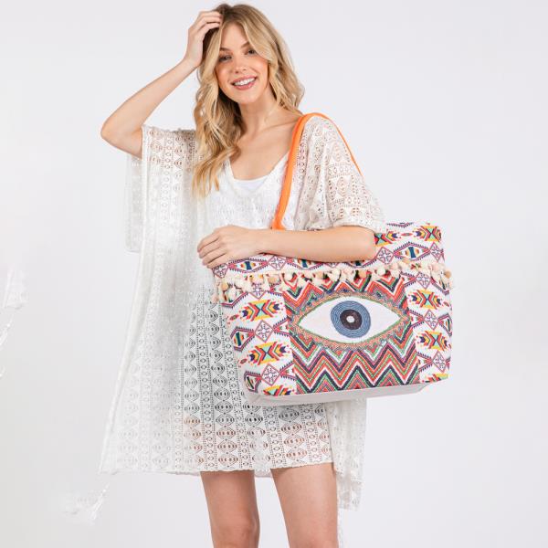 (ONLINE ONLY) EVIL EYE BOHO PRINT POMPOM FRINGE TOTE BAG