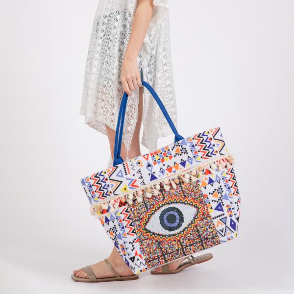 (ONLINE ONLY) EVIL EYE BOHO PRINT POMPOM FRINGE TOTE BAG