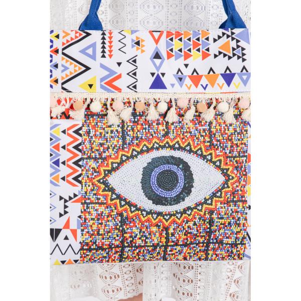 (ONLINE ONLY) EVIL EYE BOHO PRINT POMPOM FRINGE TOTE BAG