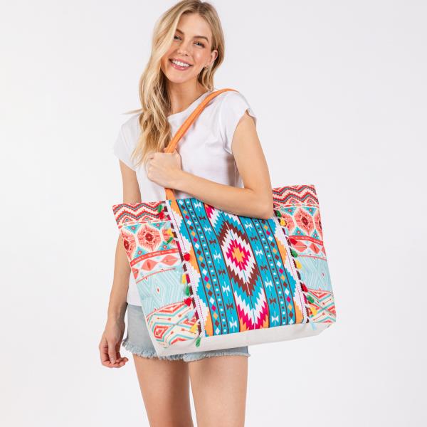 BOHO PRINT FRINGE TOTE BAG