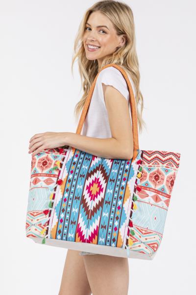 (ONLINE ONLY) BOHO PRINT FRINGE TOTE BAG