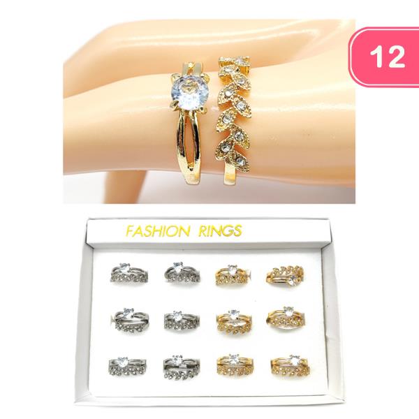 RHINESTONE LEAF DESIGN SOLITAIRE RING 2 PC SET (12 UNITS)
