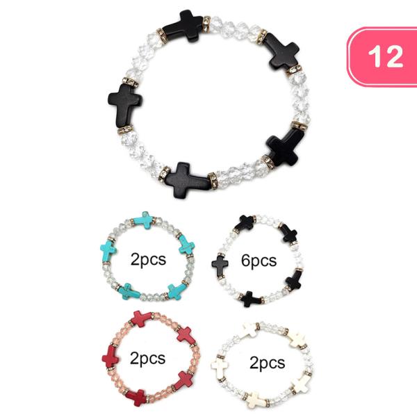 CROSS BEADED STRETCH BRACELET (12 UNITS)