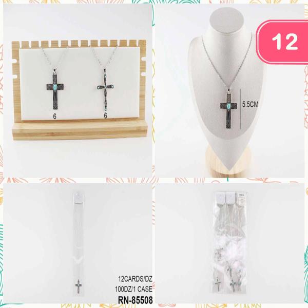 TEXTURED METAL CROSS TQ STONE NECKLACE (12 UNITS)