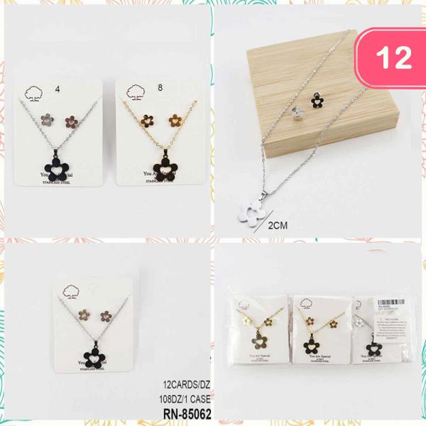 STAINLESS STEEL FLOWER PENDANT NECKLACE AND EARRINGS SET (12 UNITS)