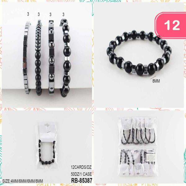 BLACK BEADED STRETCH BRACELET SET (12 UNITS)