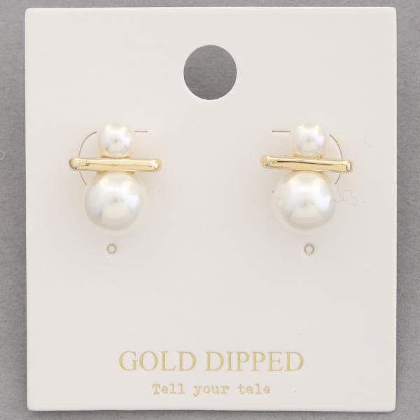 DOUBLE PEARL BEAD METAL BAR GOLD DIPPED EARRING