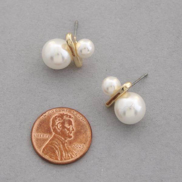 DOUBLE PEARL BEAD METAL BAR GOLD DIPPED EARRING