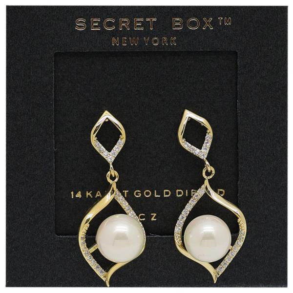 SECRET BOX PEARL BEAD CZ GOLD DIPPED DANGLE EARRING