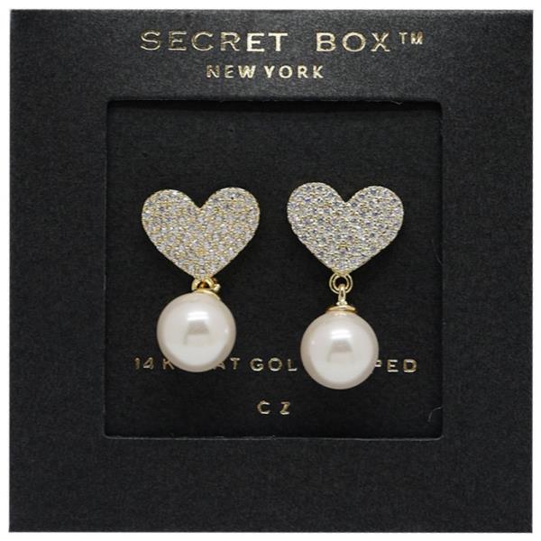 SECRET BOX CZ HEART PEARL BEAD LINK GOLD DIPPED EARRING