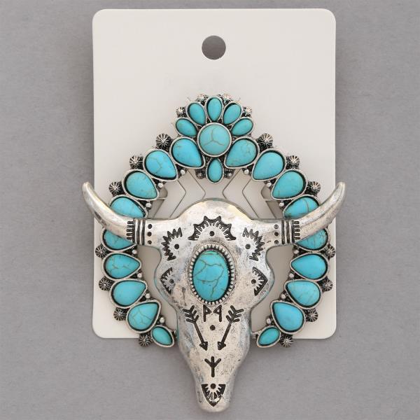 WESTERN STYLE HORSE SHOE CATTLE SKULL BROOCH