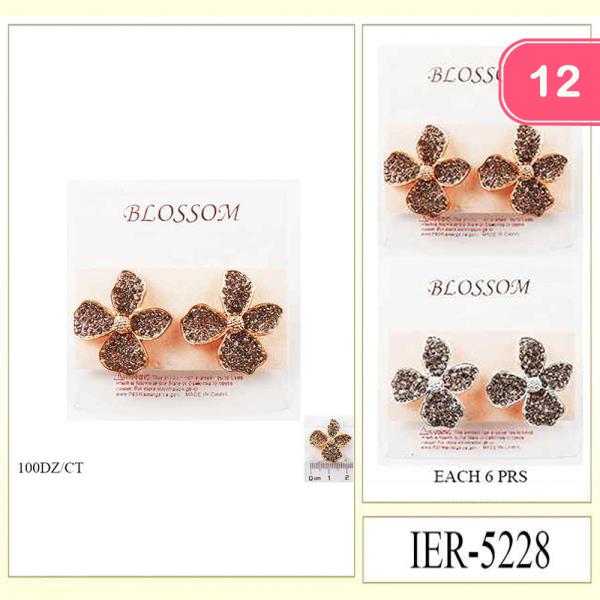 BLOSSOM FLOWER TEXTURED METAL STUD EARRINGS (12 UNITS)