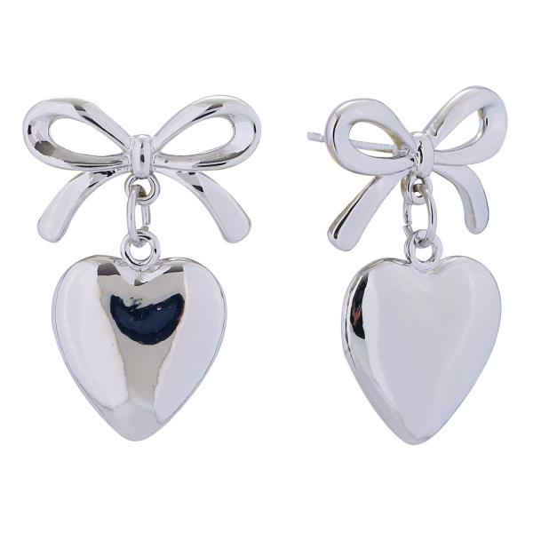 14K GOLD/WHITE GOLD DIPPED HEART RIBBON DROP EARRINGS