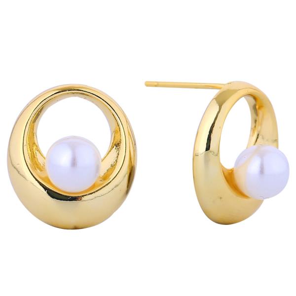 14K GOLD/WHITE GOLD DIPPED SCULPTED PEARL HOOP CZ EARRINGS