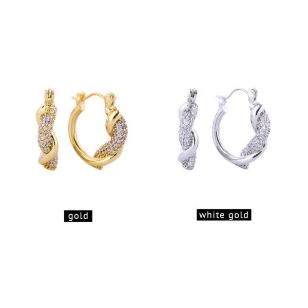 14K GOLD/WHITE GOLD DIPPED TWISTED ELEGANCE HOOP CZ EARRINGS