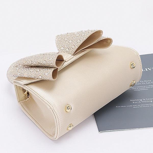 RHINESTONE RIBBON TOP HANDLE SATIN FLAP BAG