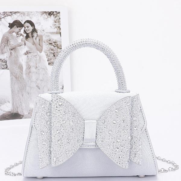 RHINESTONE RIBBON TOP HANDLE SATIN FLAP BAG