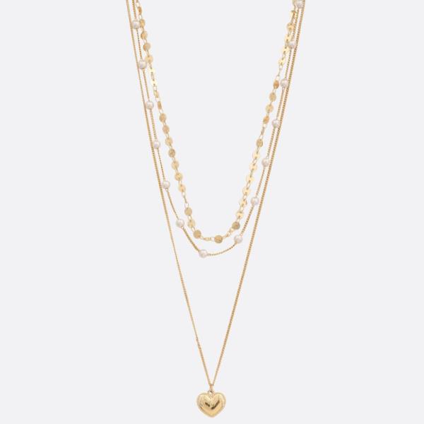 SODAJO PUFFY HEART PEARL BEAD LAYERED GOLD DIPPED NECKLACE