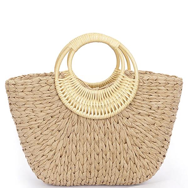 FAUX STRAW BAMBOO HANDLE TOTE BAG