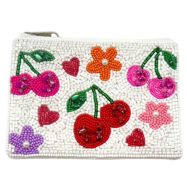 SEED BEAD CHERRY FLOWER COIN BAG