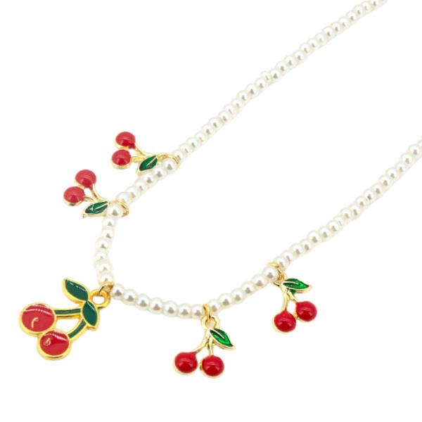 CHERRY CHARM PEARL BEAD STATION NECKLACE