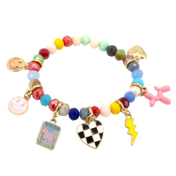 HAPPY FACE MULTI CHARM BEADED BRACELET