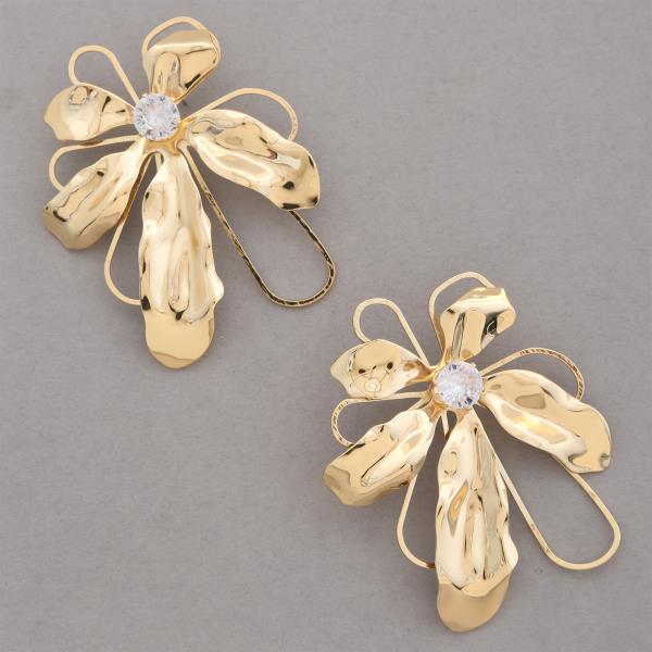 DOUBLE FLOWER RHINESTONE CENTER METAL EARRING