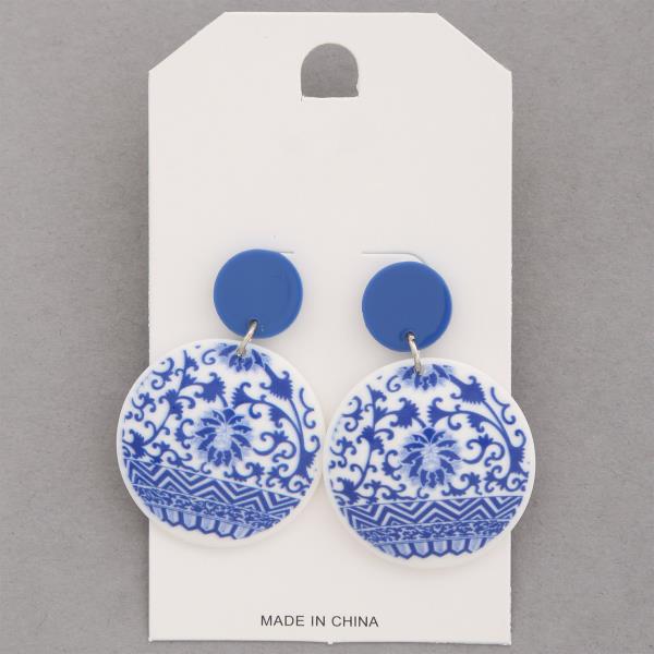 BLUE CERAMIC PRINT ROUND DANGLE EARRING