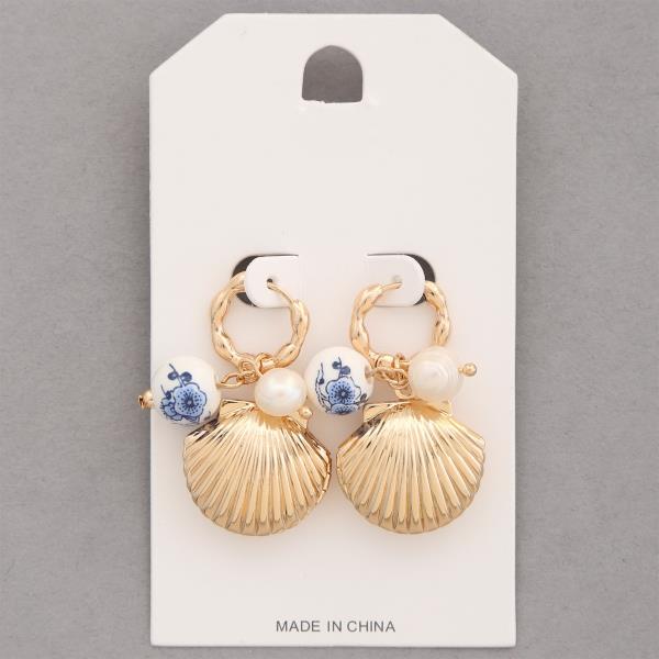 SEASHELL METAL FLORAL BEAD HOOP EARRING