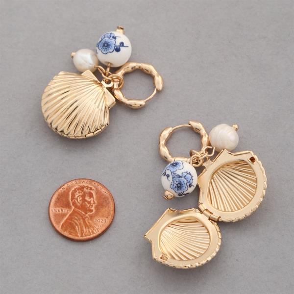 SEASHELL METAL FLORAL BEAD HOOP EARRING