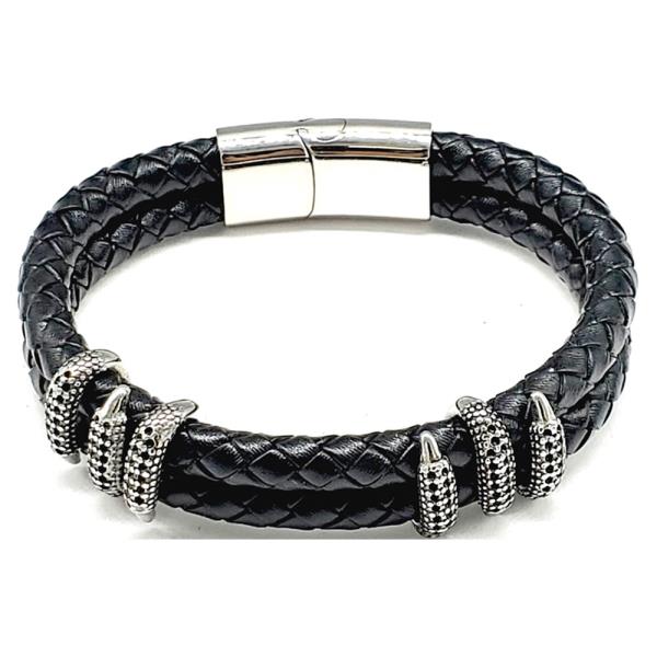 UNISEX STAINLESS STEEL BLACK LEATHER BRACELET WITH TEXTURED ACCENTS