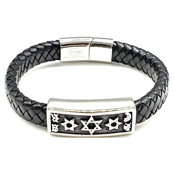 UNISEX STAINLESS STEEL BLACK LEATHER BRACELET WITH STAR OF DAVID DESIGN