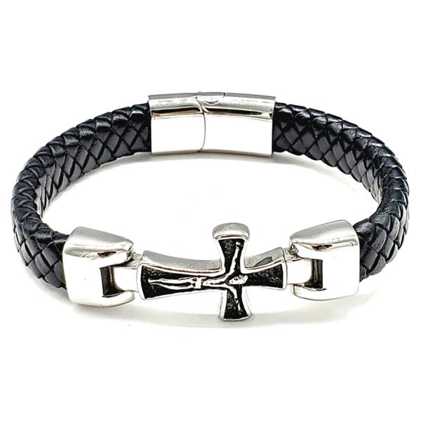 UNISEX STAINLESS STEEL BLACK LEATHER BRACELET WITH CROSS DETAIL