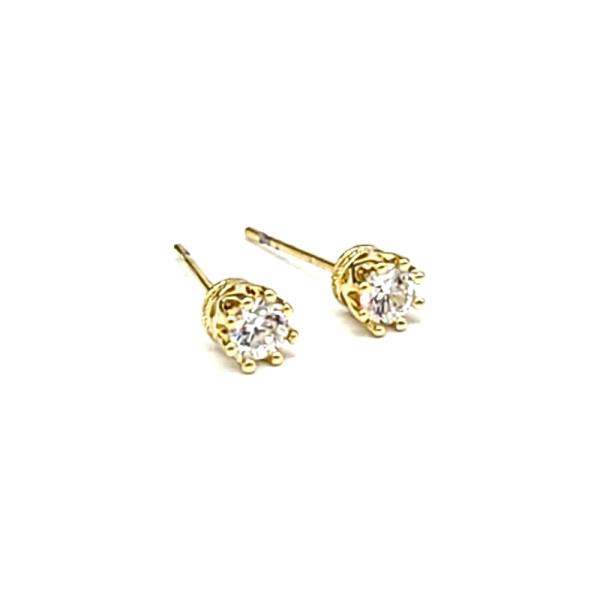 4MM BRASS CROWN ROUND CZ EARRING