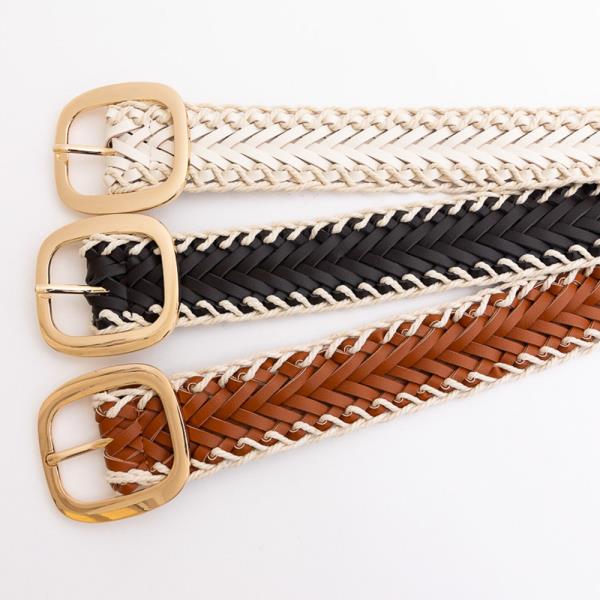 CROCHET TRIMMED LEATHER WOVEN ROPE TRIM BUCKLE BELT