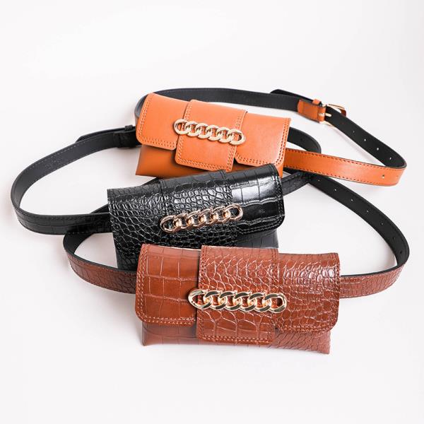 FAUX LEATHER CROCODILE EMBOSSED CHAIN DETAIL BELT BAG