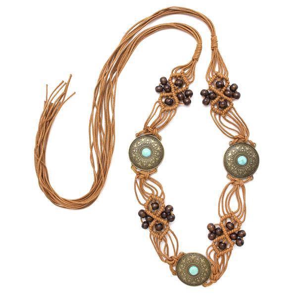 COTTON CORD BEADED METAL CONCHO BOHO BELT