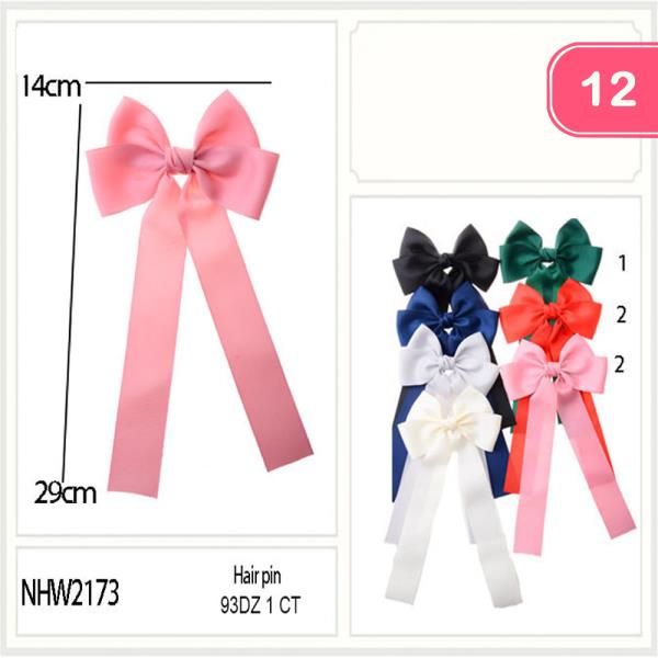 SOLID LONG RIBBON BOW HAIR PIN (12 UNITS)