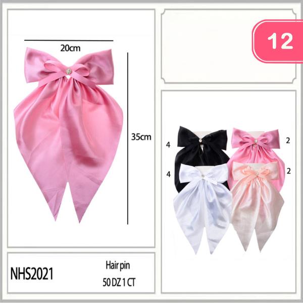 SATIN LONG TAIL BOW HAIR PIN (12 UNITS)