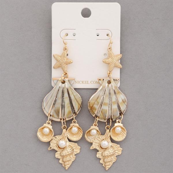 STARFISH SEASHELL METAL PEARL BEAD DANGLE EARRING