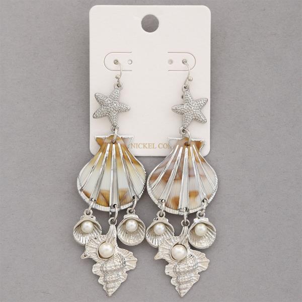 STARFISH SEASHELL METAL PEARL BEAD DANGLE EARRING