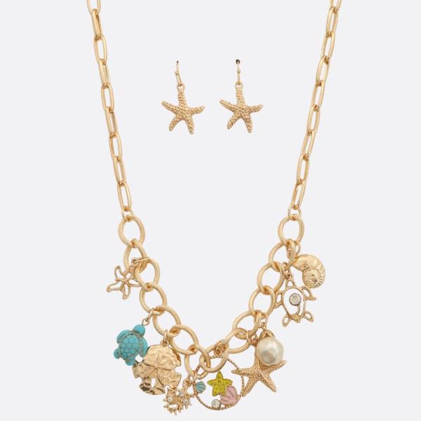 SEA LIFE MULTI CHARM CIRCLE LINK METAL NECKLACE