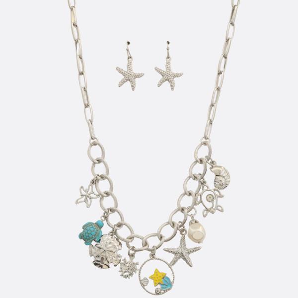 SEA LIFE MULTI CHARM CIRCLE LINK METAL NECKLACE