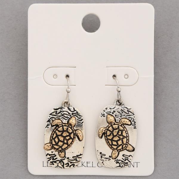 TWO TONE SEA TURTLE METAL DANGLE EARRING