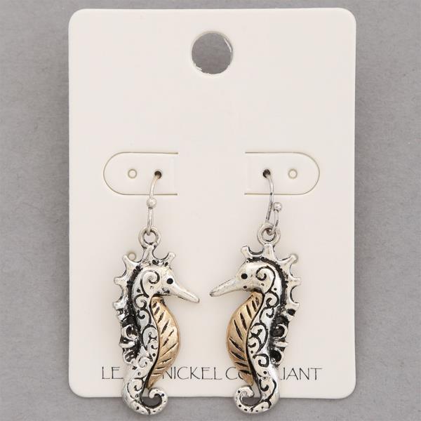 TWO TONE SEAHORSE METAL DANGLE EARRING