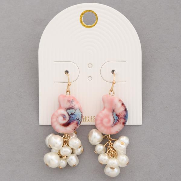 CERAMIC PEARL EMBELLISHED SEASHELL DANGLE EARRINGS