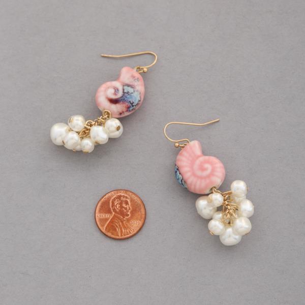 CERAMIC PEARL EMBELLISHED SEASHELL DANGLE EARRINGS