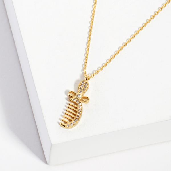 GOLD DIPPED CZ HAIR BRUSH PENDANT NECKLACE