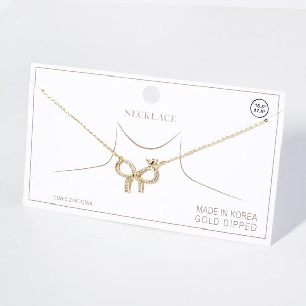 GOLD DIPPED CZ RIBBON BOW PENDANT NECKLACE