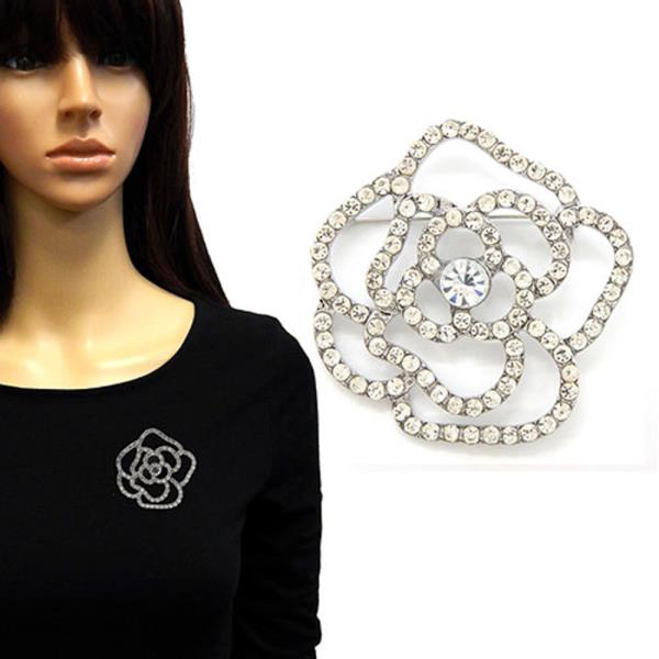 METAL RHINESTONE CAMELLIA FLOWER OPENWORK BROOCH